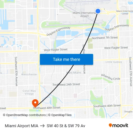 Miami Airport MIA to SW 40 St & SW 79 Av map