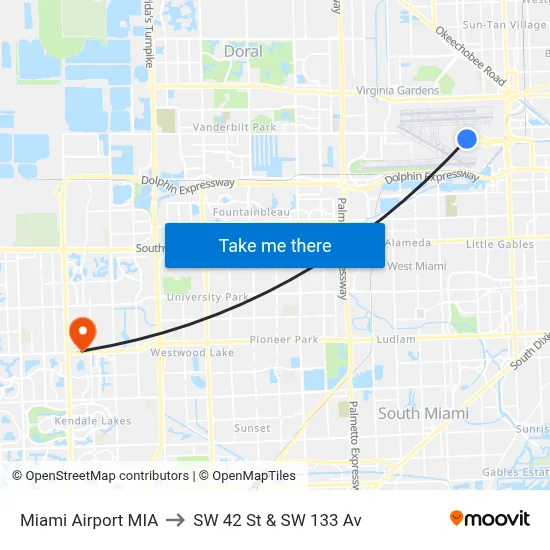 Miami Airport MIA to SW 42 St & SW 133 Av map