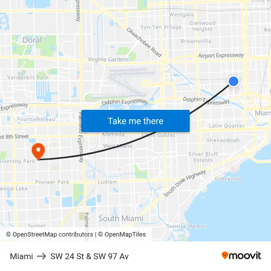Miami to SW 24 St & SW 97 Av map