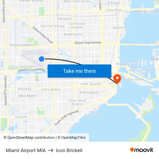Miami Airport MIA to Icon Brickell map