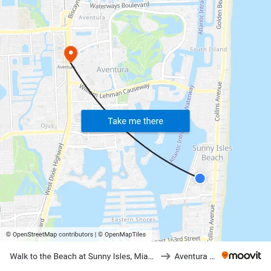 Walk to the Beach at Sunny Isles, Miami Beach to Aventura Mall map