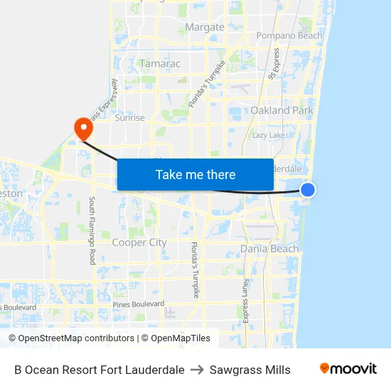 B Ocean Resort Fort Lauderdale to Sawgrass Mills map