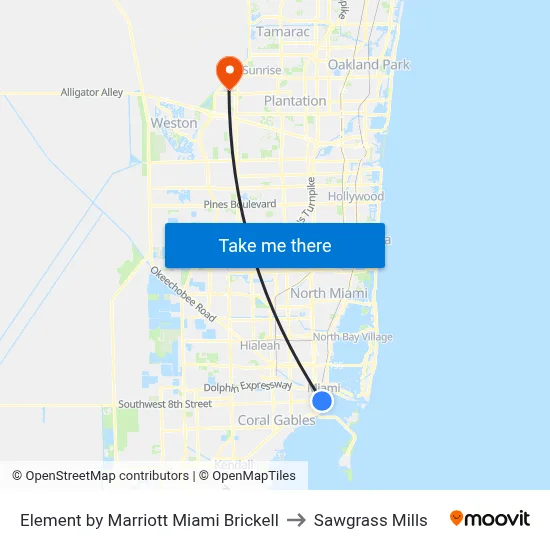 Element by Marriott Miami Brickell to Sawgrass Mills map