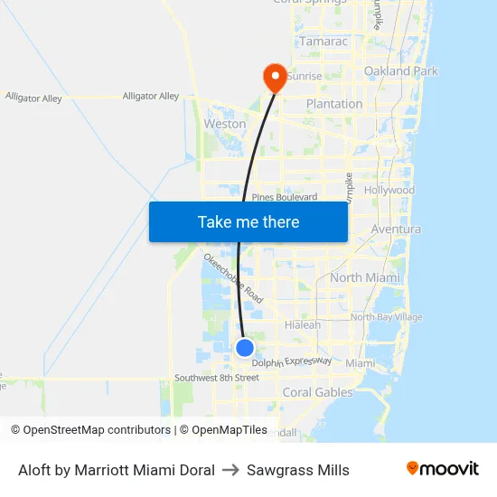 Aloft by Marriott Miami Doral to Sawgrass Mills map