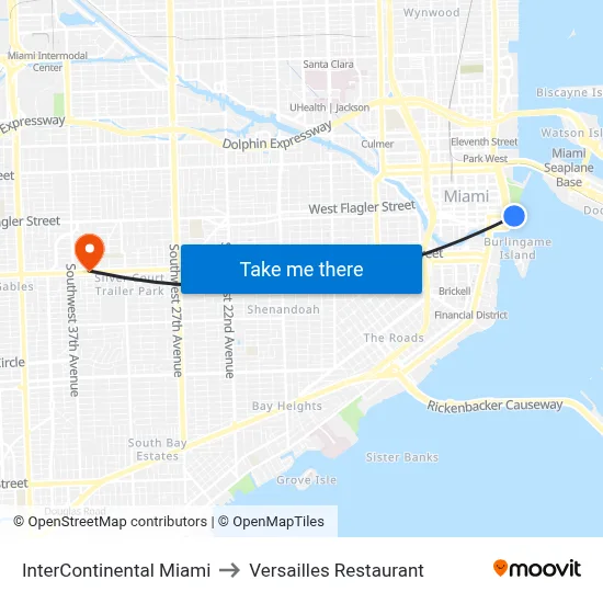 InterContinental Miami to Versailles Restaurant map