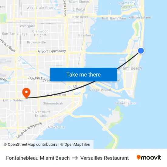 Fontainebleau Miami Beach to Versailles Restaurant map