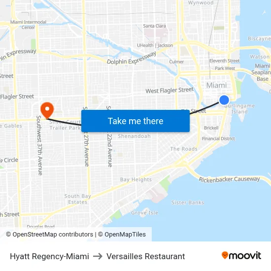Hyatt Regency-Miami to Versailles Restaurant map