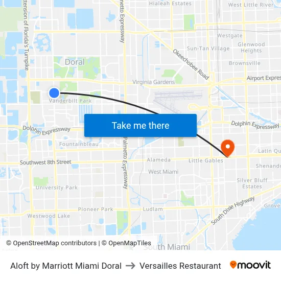 Aloft by Marriott Miami Doral to Versailles Restaurant map