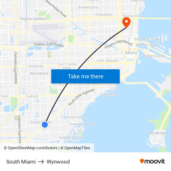 South Miami to Wynwood map