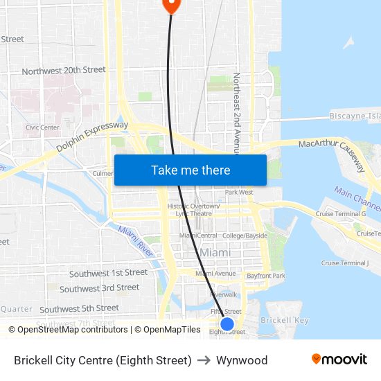 Brickell City Centre (Eighth Street) to Wynwood map