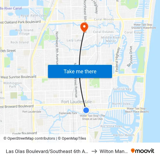 Las Olas Boulevard/Southeast 6th Avenue to Wilton Manors map