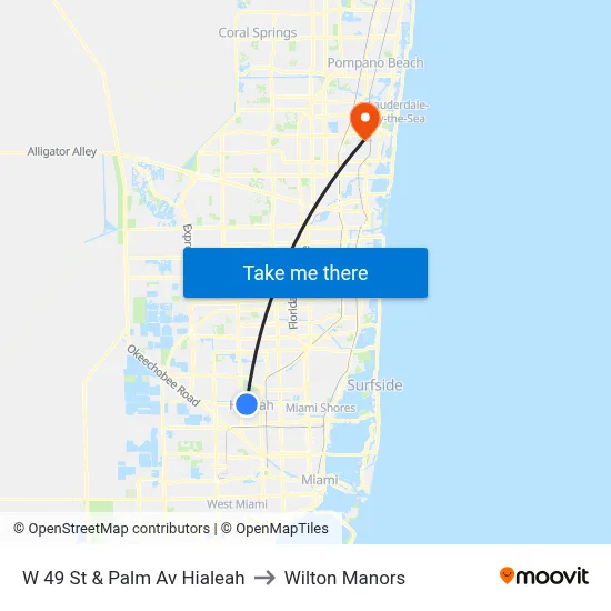 W 49 St & Palm Av Hialeah to Wilton Manors map