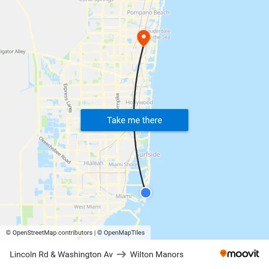 Lincoln Rd & Washington Av to Wilton Manors map