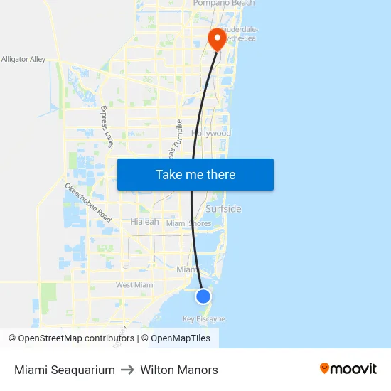 Miami Seaquarium to Wilton Manors map
