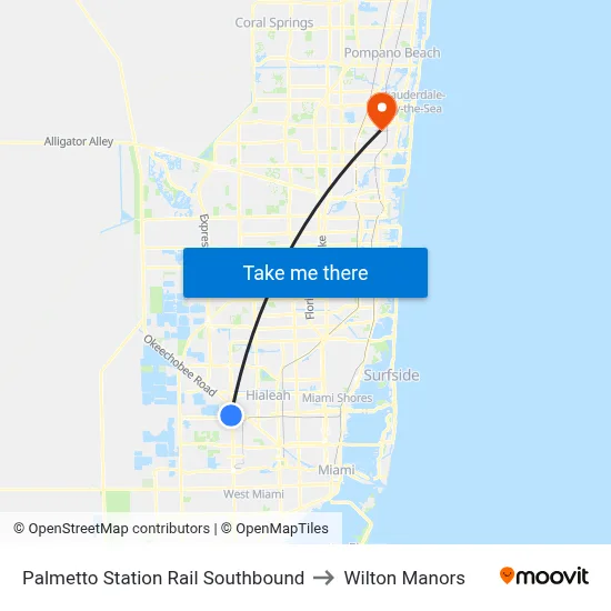 Palmetto Station Rail Southbound to Wilton Manors map