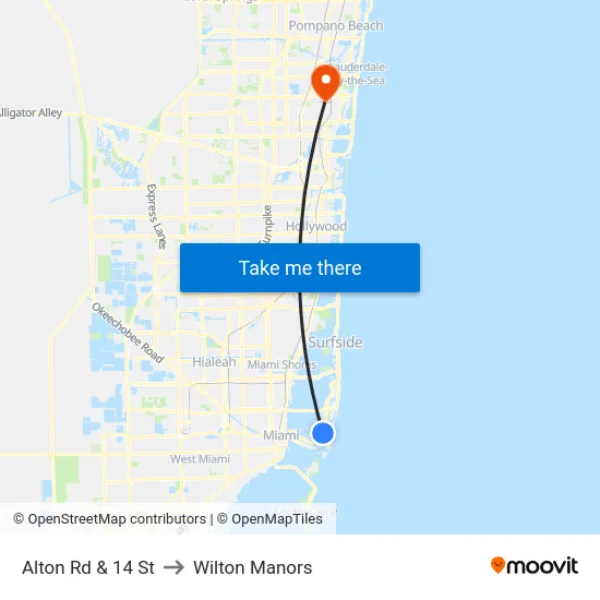Alton Rd & 14 St to Wilton Manors map