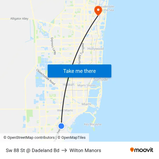 Sw 88 St @ Dadeland Bd to Wilton Manors map