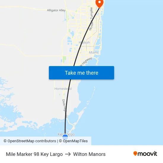 Mile Marker 98 Key Largo to Wilton Manors map