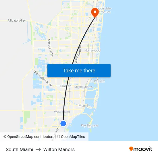 South Miami to Wilton Manors map