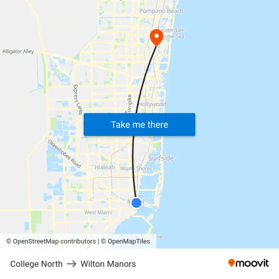 College North to Wilton Manors map