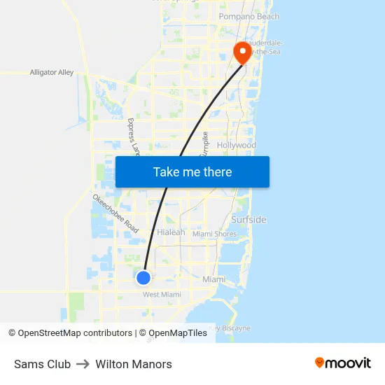 Sams Club to Wilton Manors map