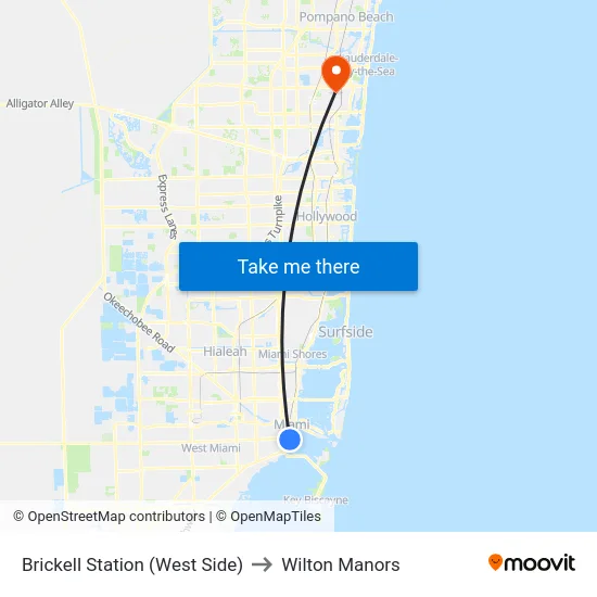 Brickell Station (West Side) to Wilton Manors map