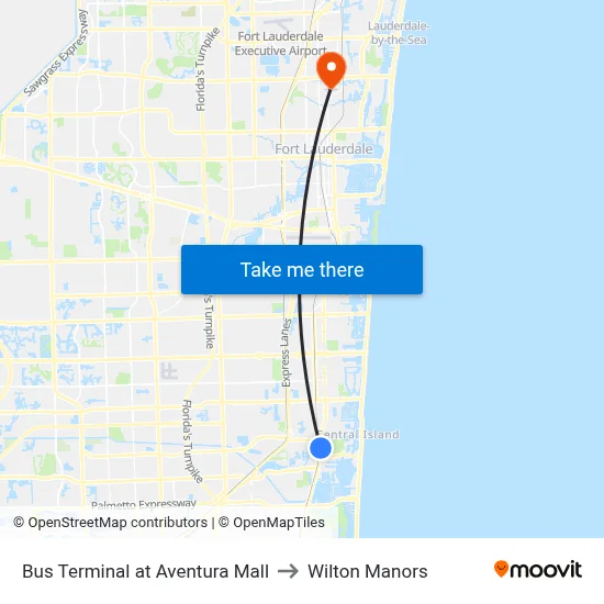 Bus Terminal at Aventura Mall to Wilton Manors map