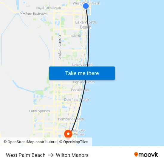 West Palm Beach to Wilton Manors map