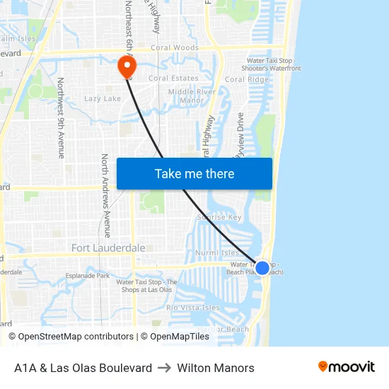 A1A & Las Olas Boulevard to Wilton Manors map