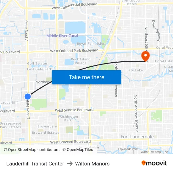 Lauderhill Transit Center to Wilton Manors map