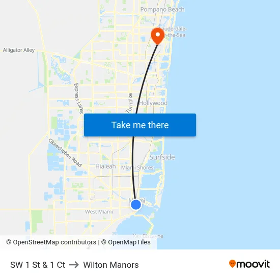 SW 1 St & 1 Ct to Wilton Manors map