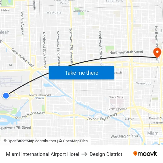 Miami International Airport Hotel to Design District map