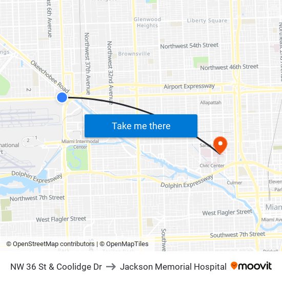 NW 36 St & Coolidge Dr to Jackson Memorial Hospital map