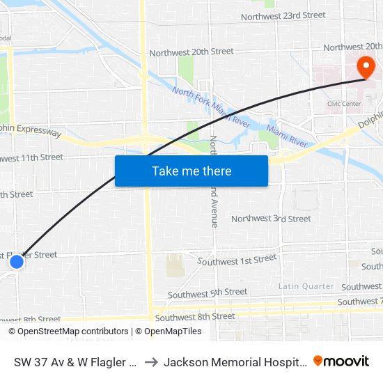 SW 37 Av & W Flagler St to Jackson Memorial Hospital map