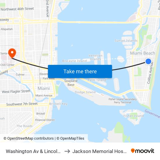 Washington Av & Lincoln Rd to Jackson Memorial Hospital map