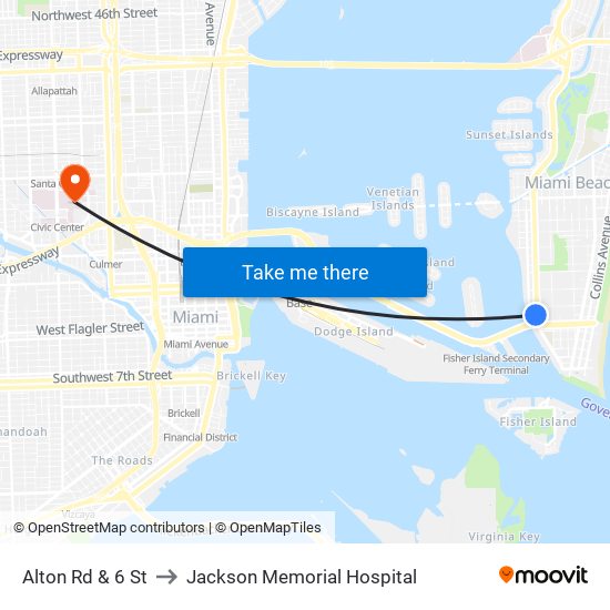 Alton Rd & 6 St to Jackson Memorial Hospital map