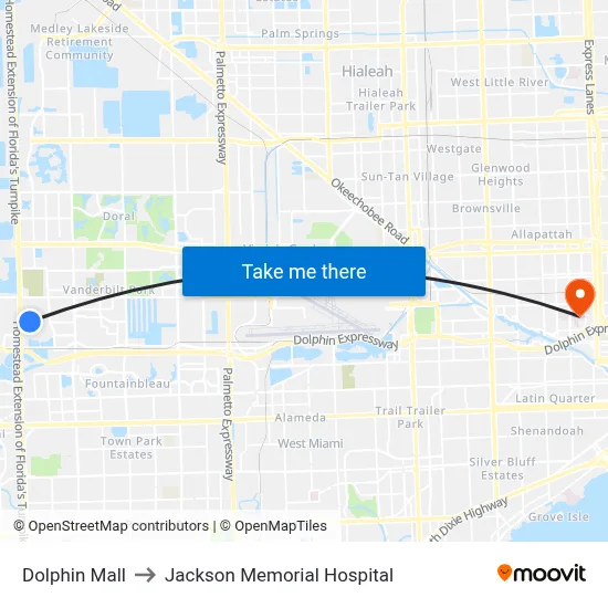 Dolphin Mall to Jackson Memorial Hospital map