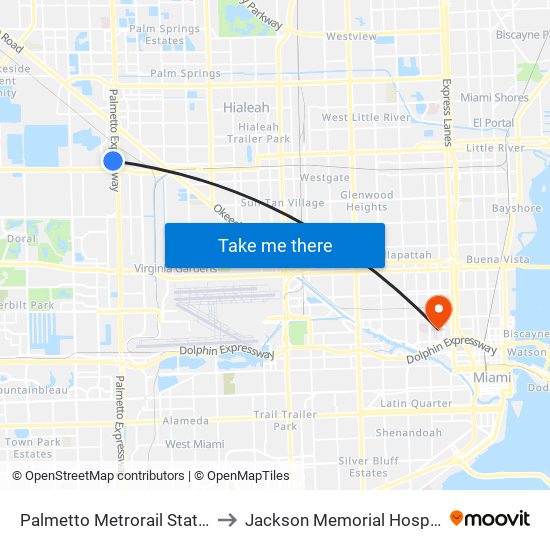 Palmetto Metrorail Station to Jackson Memorial Hospital map