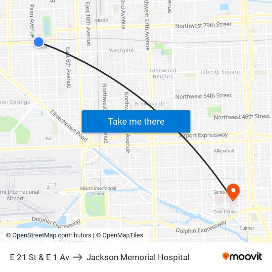 E 21 St & E 1 Av to Jackson Memorial Hospital map