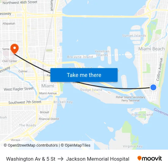 Washington Av & 5 St to Jackson Memorial Hospital map