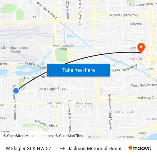 W Flagler St & NW 57 Av to Jackson Memorial Hospital map