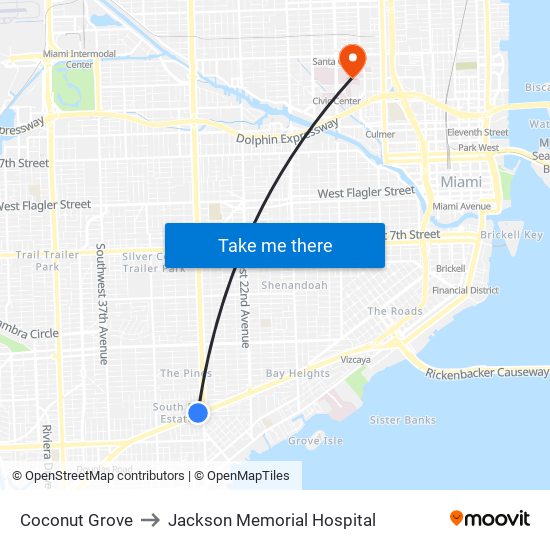 Coconut Grove to Jackson Memorial Hospital map