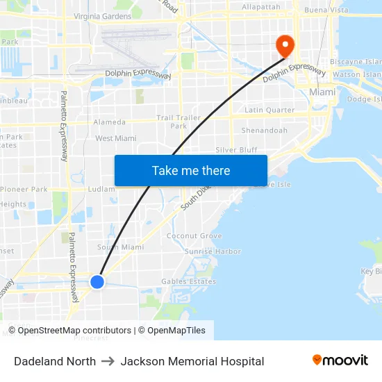 Dadeland North to Jackson Memorial Hospital map