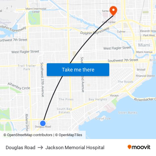 Douglas Road to Jackson Memorial Hospital map