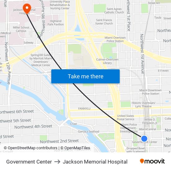 Government Center to Jackson Memorial Hospital map