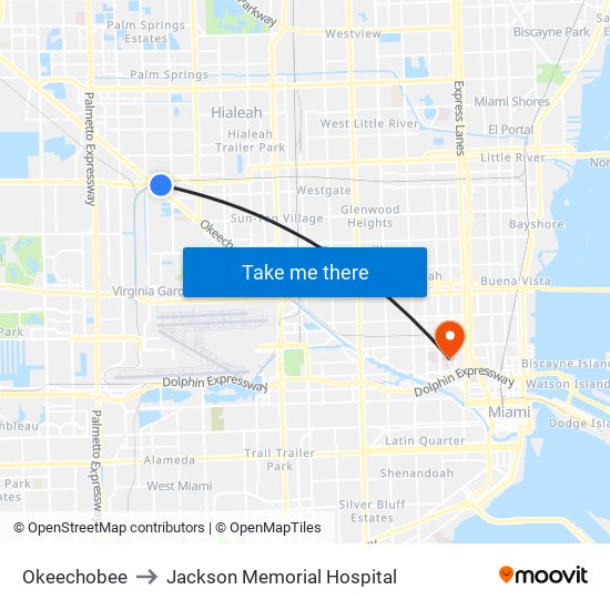 Okeechobee to Jackson Memorial Hospital map