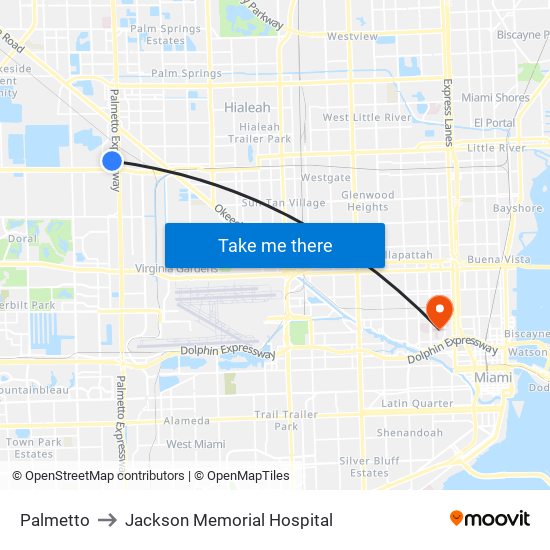 Palmetto to Jackson Memorial Hospital map