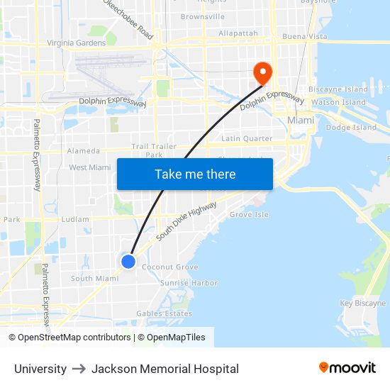 University to Jackson Memorial Hospital map