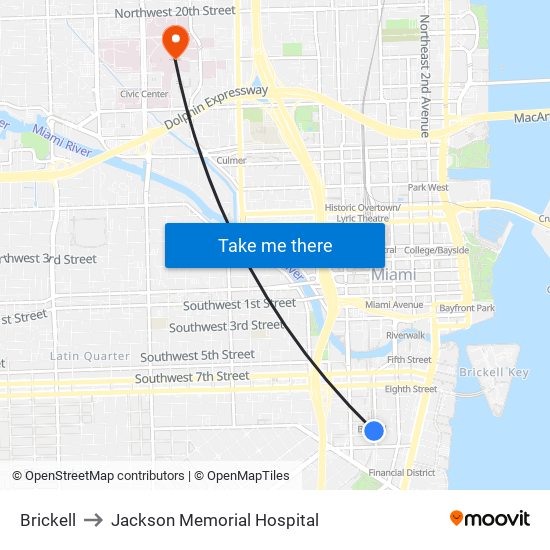 Brickell to Jackson Memorial Hospital map