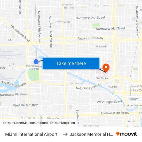 Miami International Airport Station to Jackson Memorial Hospital map